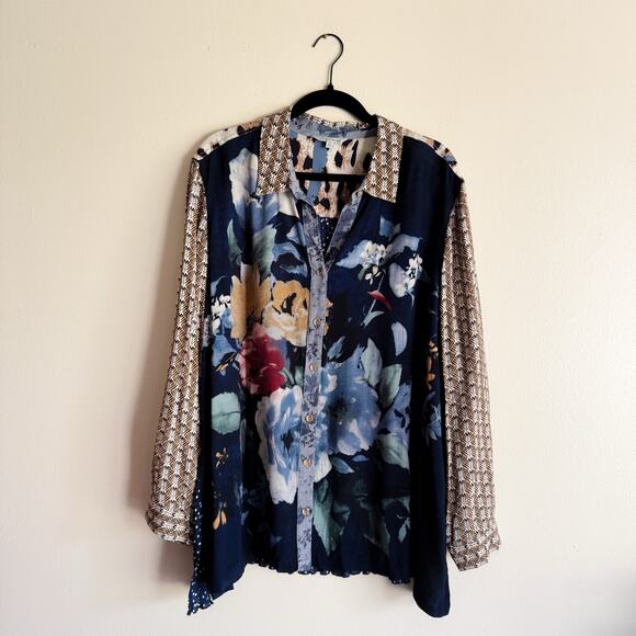 John Mark Tops - John Mark Navy Blue Multi Printed Floral Animal Print Boho Artsy Button Up - 2X